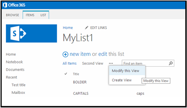 Screenshot of the  SharePoint site List page