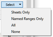 Screenshot of Select button and menu options: Sheets, Named Ranges, All, None