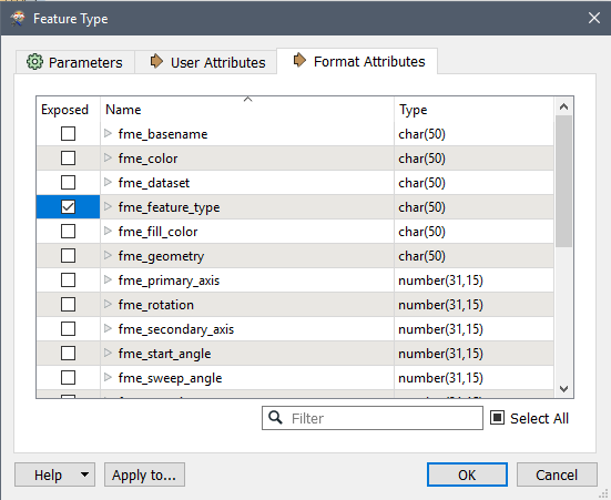 Feature Type dialog, with selected fme_feature_type attribute