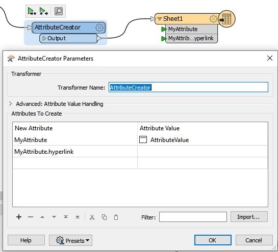 Screenshot: How to use AttributeCreator to set hyperlinks on attributes