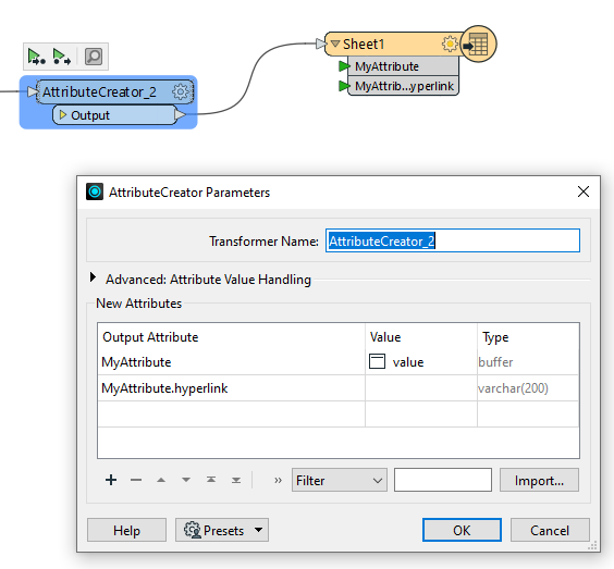 Screenshot: How to use AttributeCreator to set hyperlinks on attributes