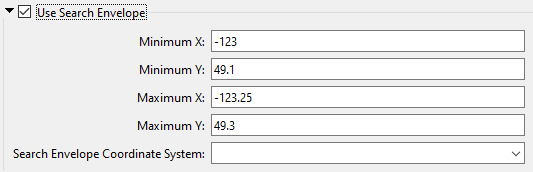 Screenshot with blank search envelope min and max x and y parameters