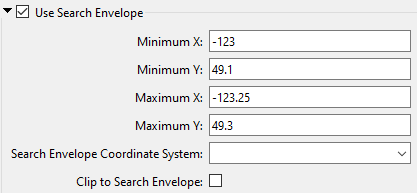 Screenshot with blank search envelope min and max x and y parameters