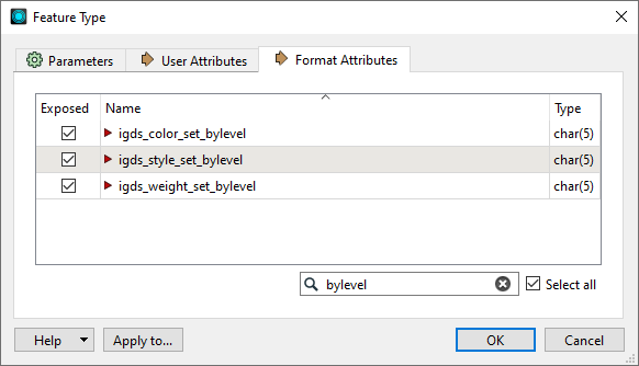 DGNV8 writer feature type dialog, with exposed format attributes