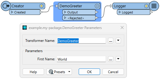 DemoGreeter in FME Workbench canvas, and its parameters dialog