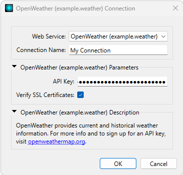 OpenWeather connection definition dialog