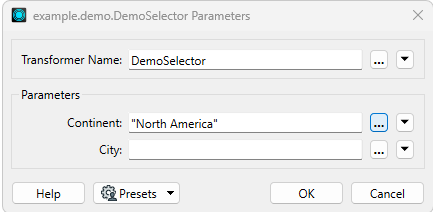 Parameter dialog with Continent and City parameters